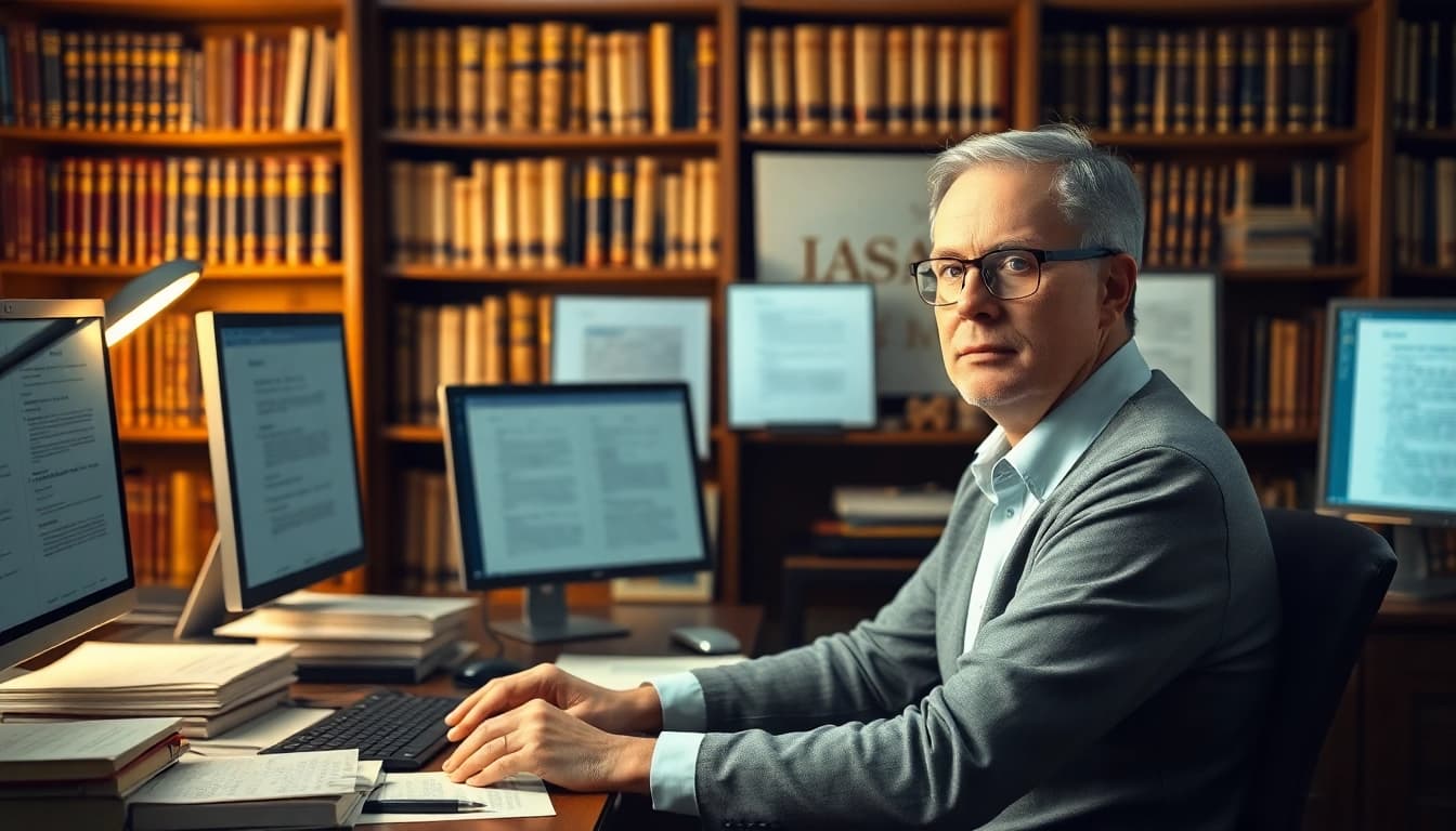 Soudní překladatel diligently working at a desk surrounded by legal documents.