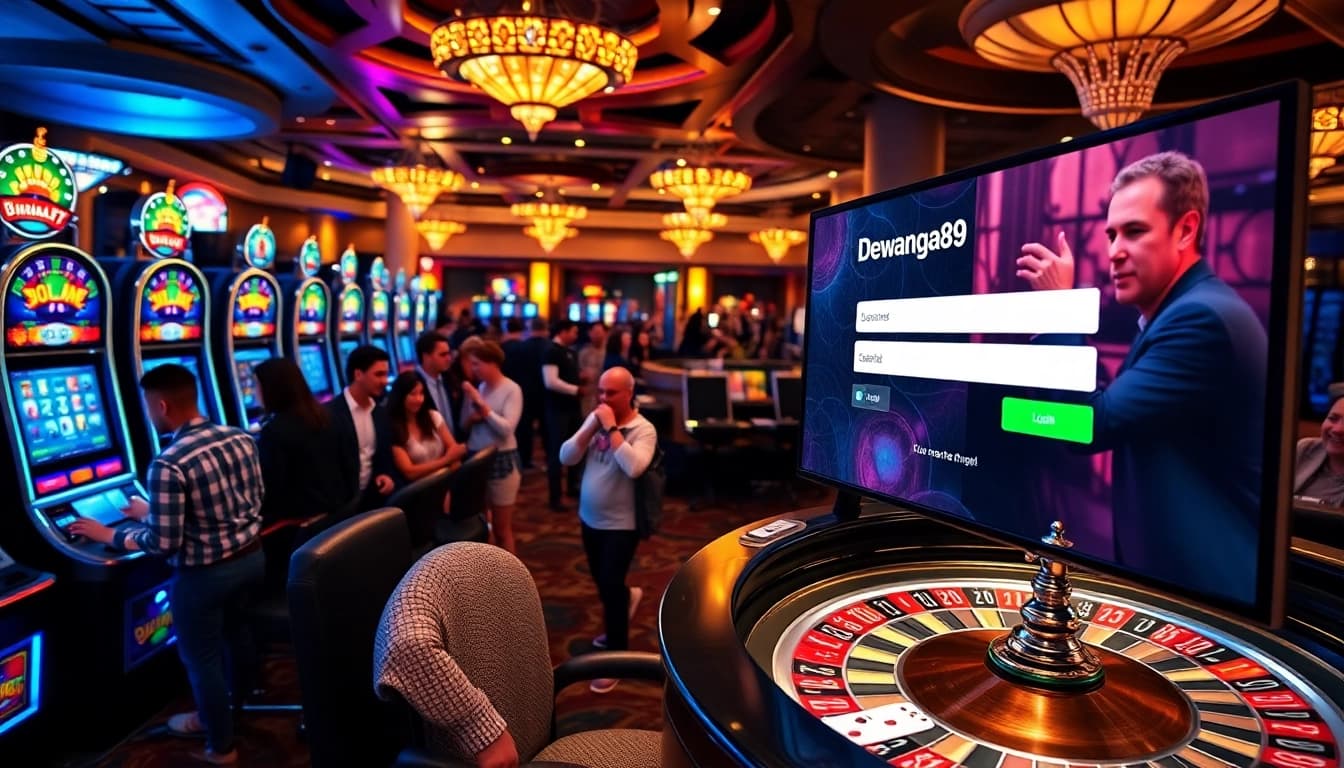 Layar login dewanaga89 dalam adegan kasino berwarna-warni, memikat penjudi di mesin slot.