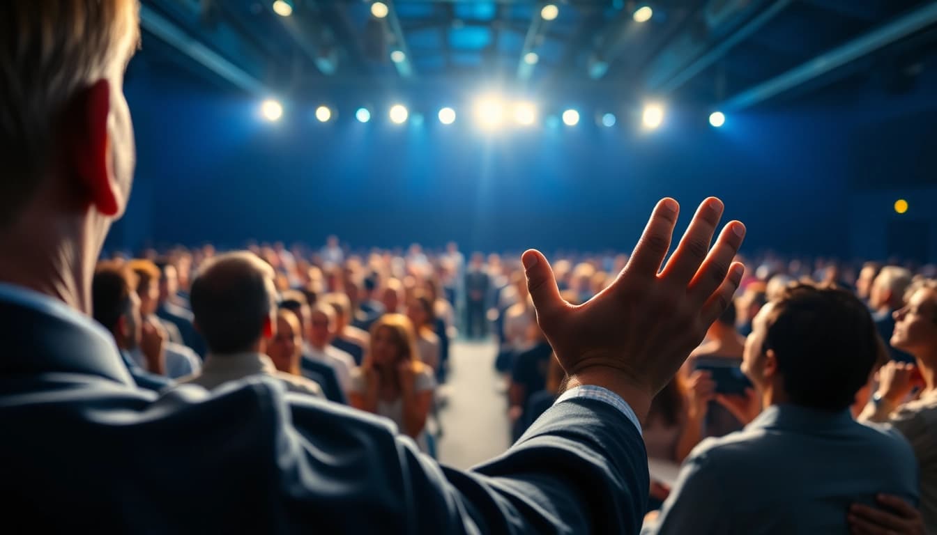 Dynamic motivational speaker inspiring an engaged audience with energy and passion.
