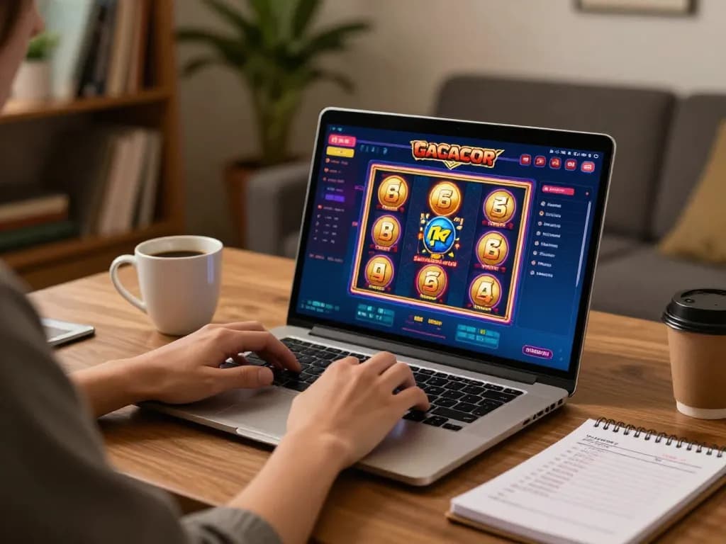 Engaging in slot gacor online gameplay on a laptop in a cozy home setup, showcasing bankroll strategy notes.