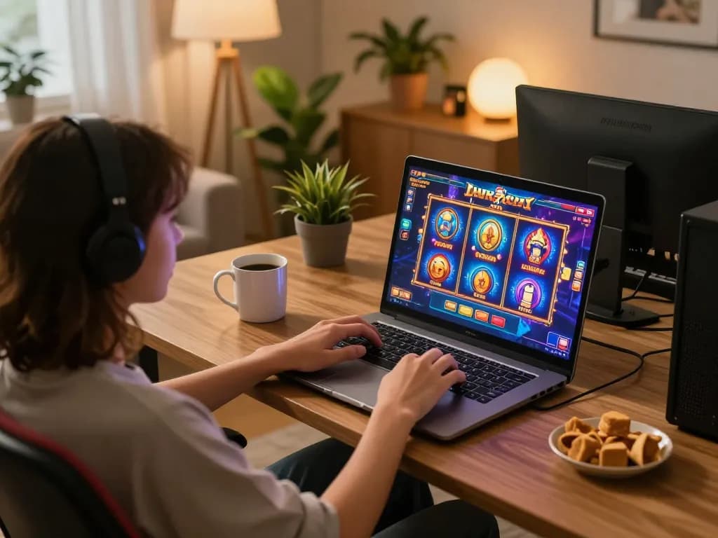 Engaging gameplay on situs slot gacor in a cozy home setting with colorful displays and snacks