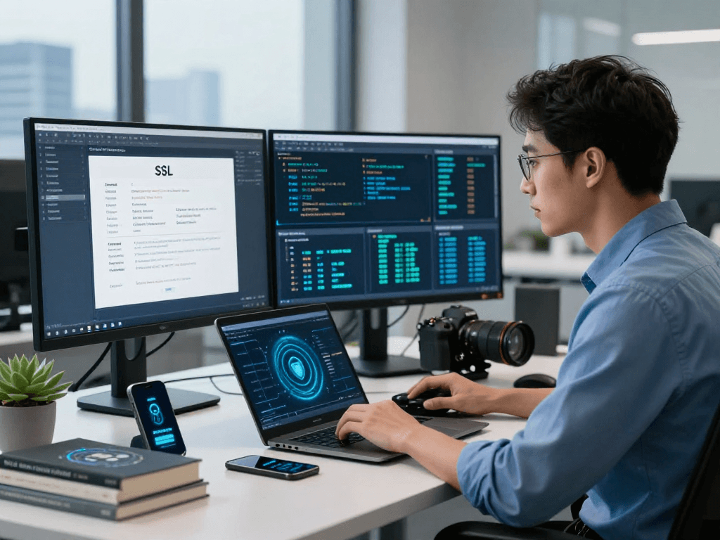 Análisis de certificados SSL en oficina moderna, mostrando seguridad digital.