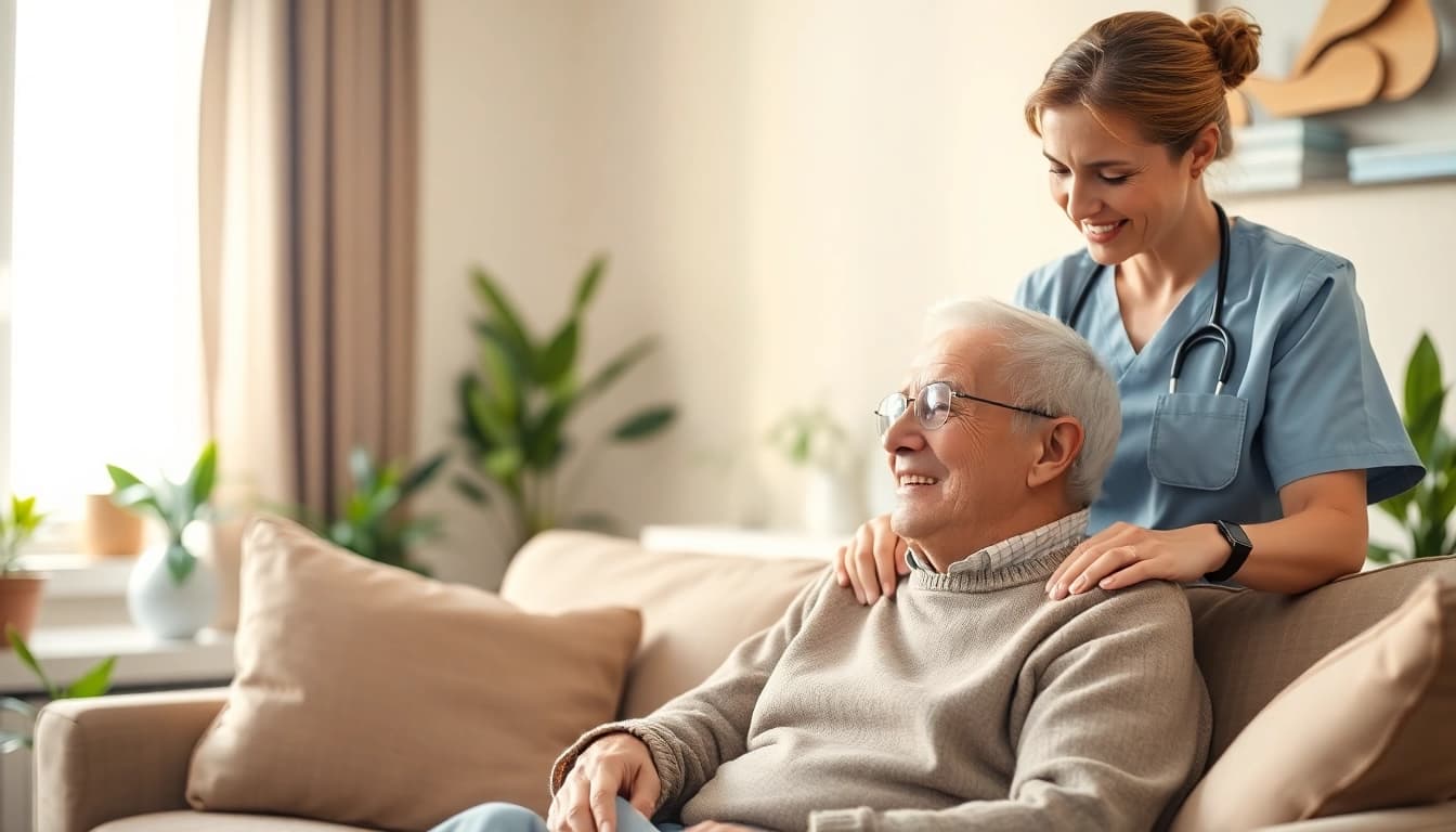 Engaging at home health care scene showcasing caregivers supporting elderly individuals in a warm environment.