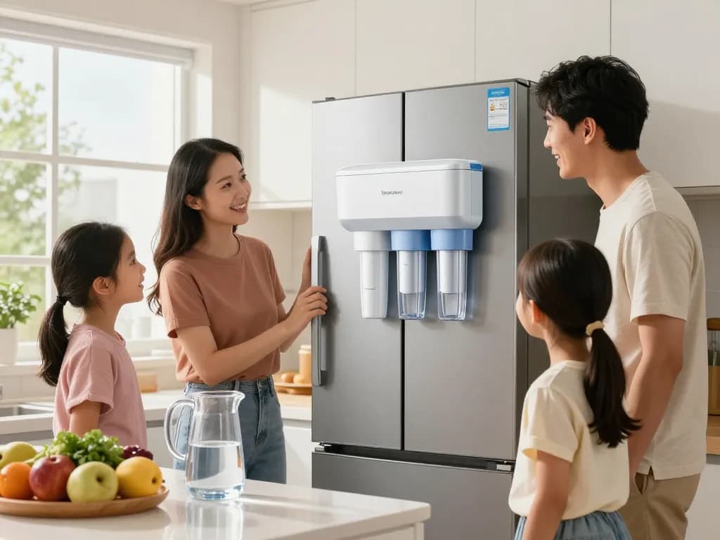 Family enjoying clean drinking water from the Waterdrop EDR4RXD1 Refrigerator Water Filter in a bright kitchen.