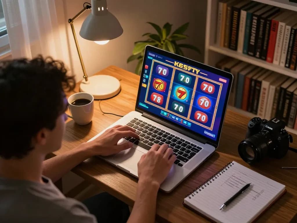 Engaging in slot77 gameplay at home office laptop, showcasing strategic betting notes.