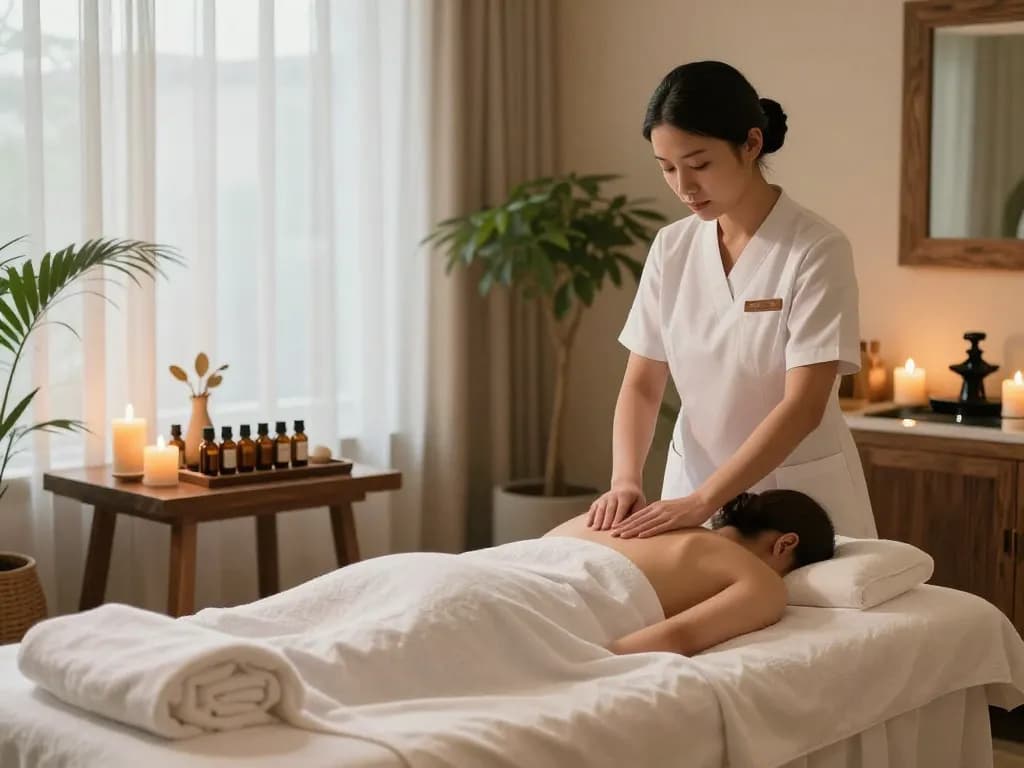 Premium relaxation experience at maxim-anma.net featuring a serene spa setup with professional therapy, soft lighting, and calming oils.