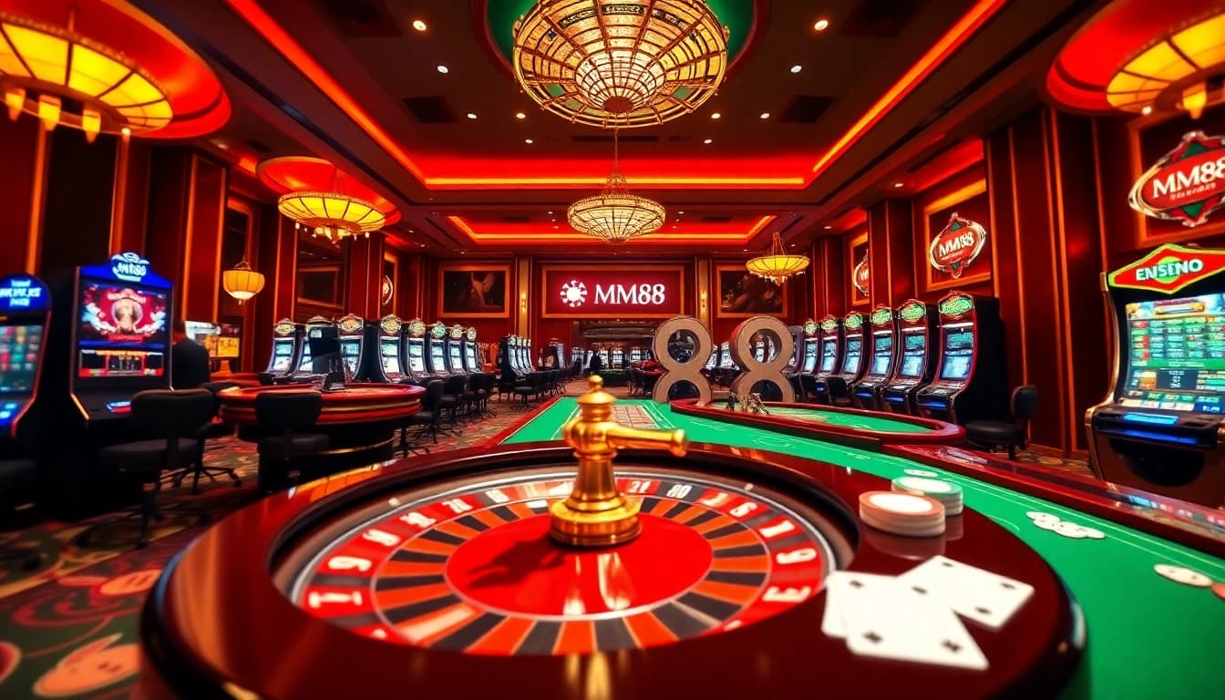 Experience the thrill of MM88 with energetic gambling action on a vibrant casino floor featuring roulette and poker.