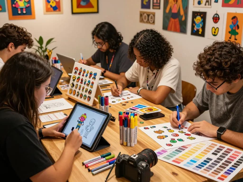 Artisans collaborating on vibrant custom acrylic pins in a creative workshop.