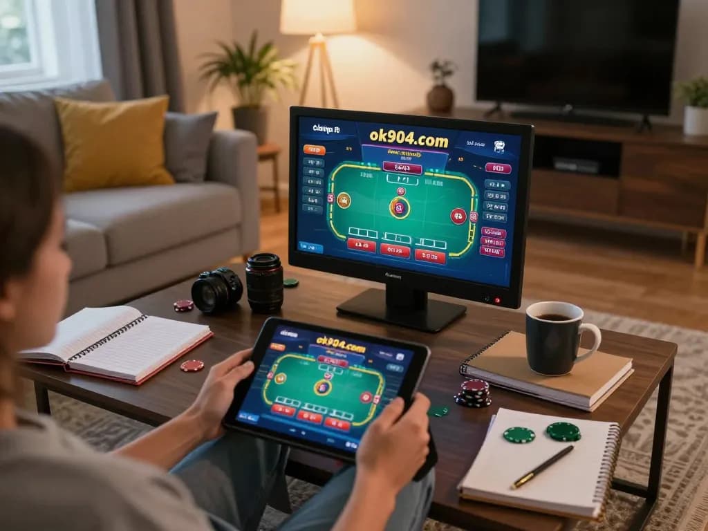 Engaging with poker on https://ok904.com/ in a cozy home setting, showcasing responsible gaming.