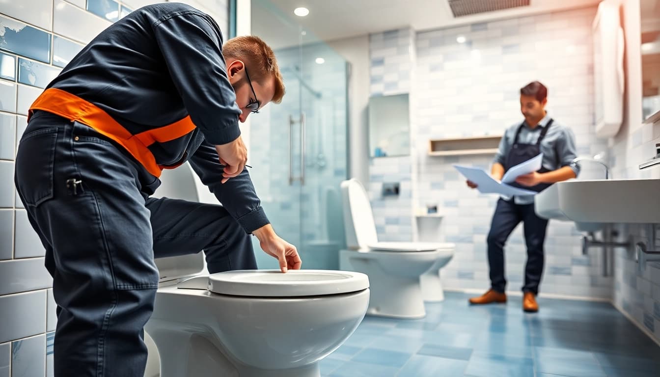 Illustration of commercial toilet refurbishment highlighting skilled professionals and modern bathroom fixtures.