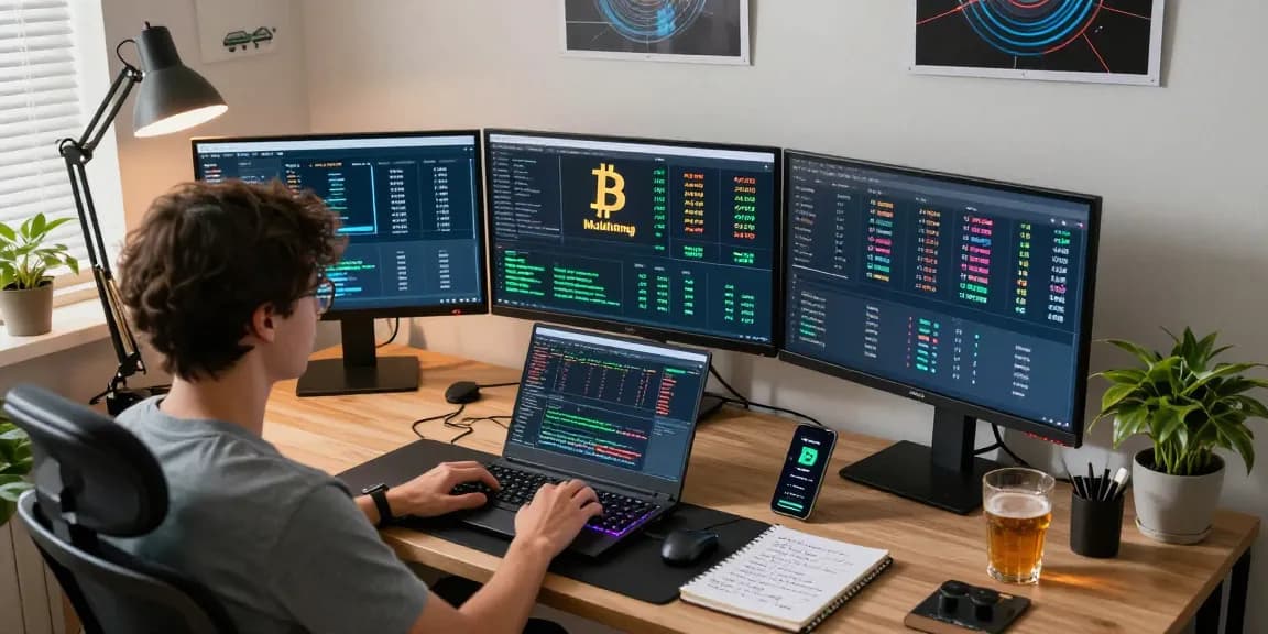 Engaging Bitcoin mining online workspace with cryptocurrency stats, monitors showing mining pools, and a digital wallet setup for secure transactions