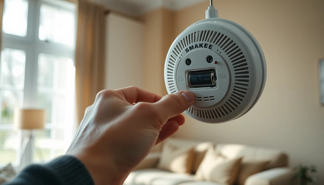 Replace a smoke detector battery in a cozy home setting during natural light.