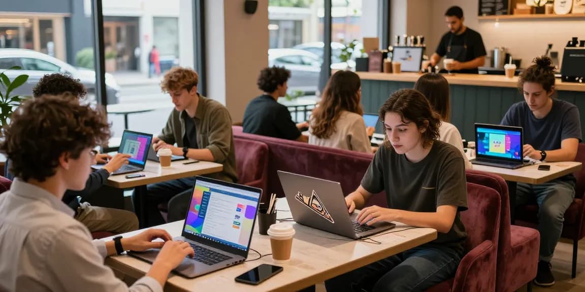 Engaging scene showcasing young users enjoying spicy AI chatbot interactions in a modern café setting.