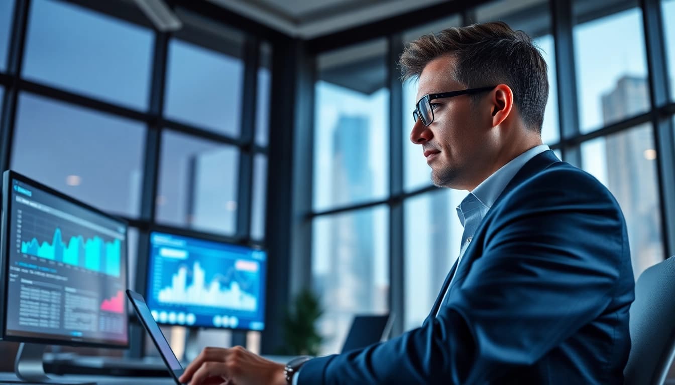 Strategist analyzing data for Acquisition Planning/Strategy Capture Management in a modern office setting.