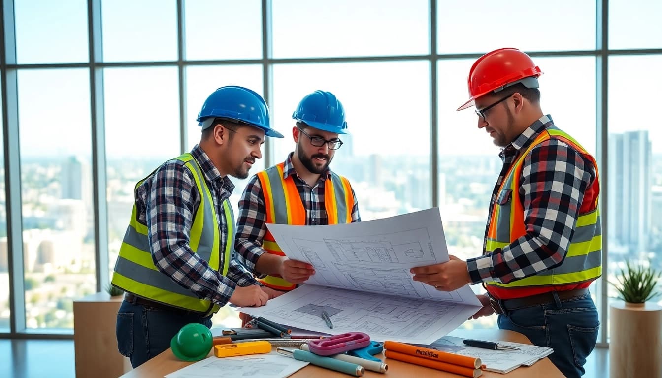 Teamwork at the southern california contractors association shown through professionals collaborating on construction plans.