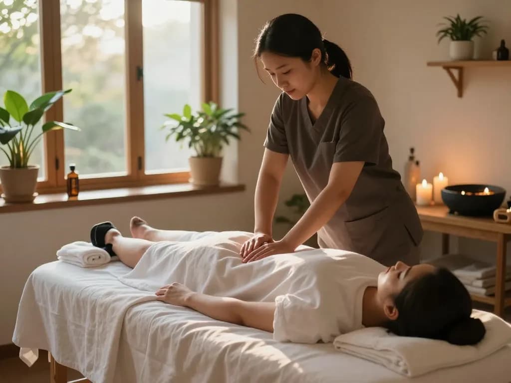 부드러운 조명과 자연 장식이 어우러진 평화로운 웰니스 스튜디오에서의 편안한 마포스웨디시 마사지 세션.