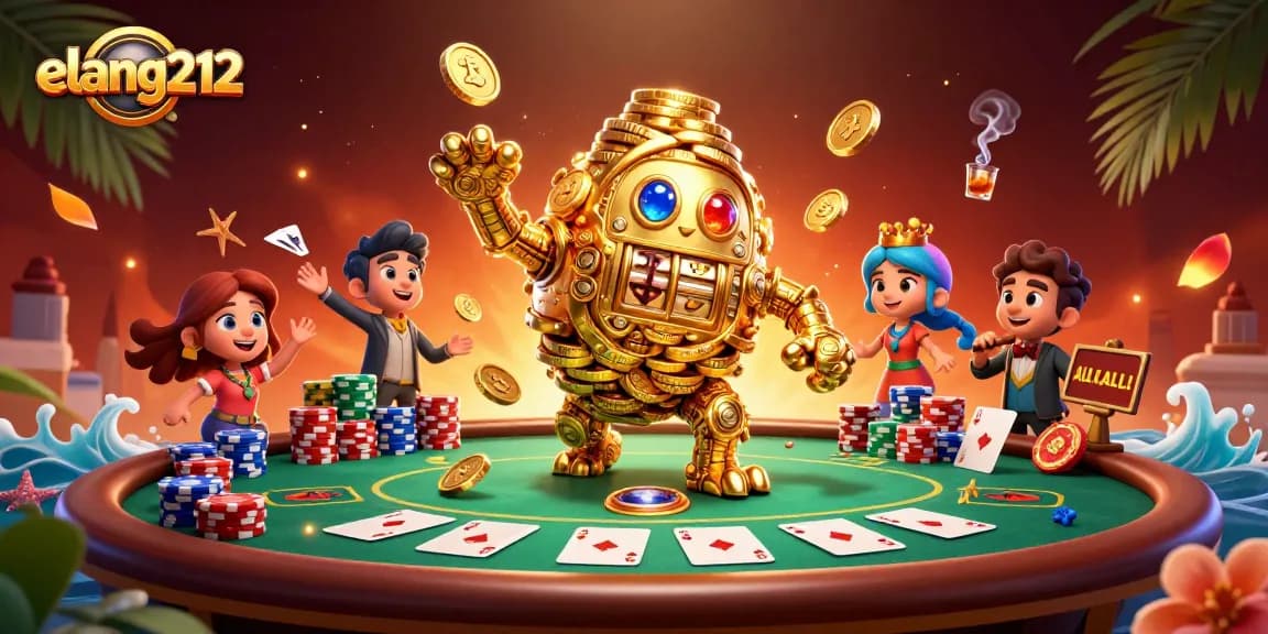 Engage with elang212 at a vibrant poker scene featuring an ancient golden golem and impressive casino elements.