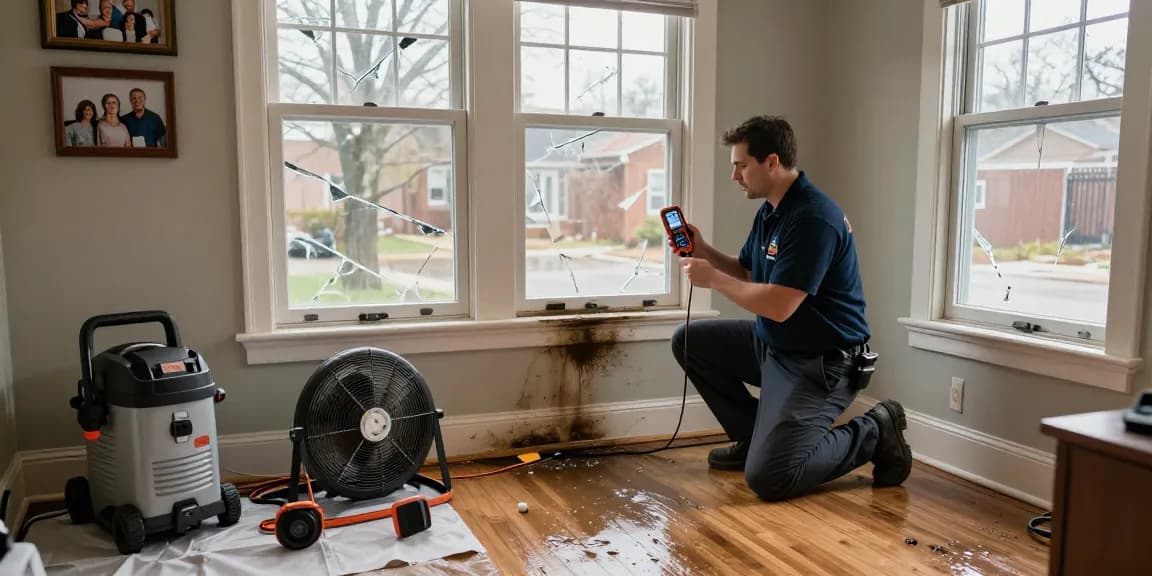 Classic disaster restoration technician assessing storm damage in a Chicago home.