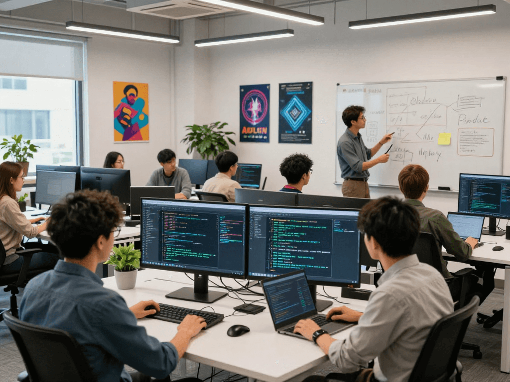 Team collaborating on innovative crushon AI projects in a modern office