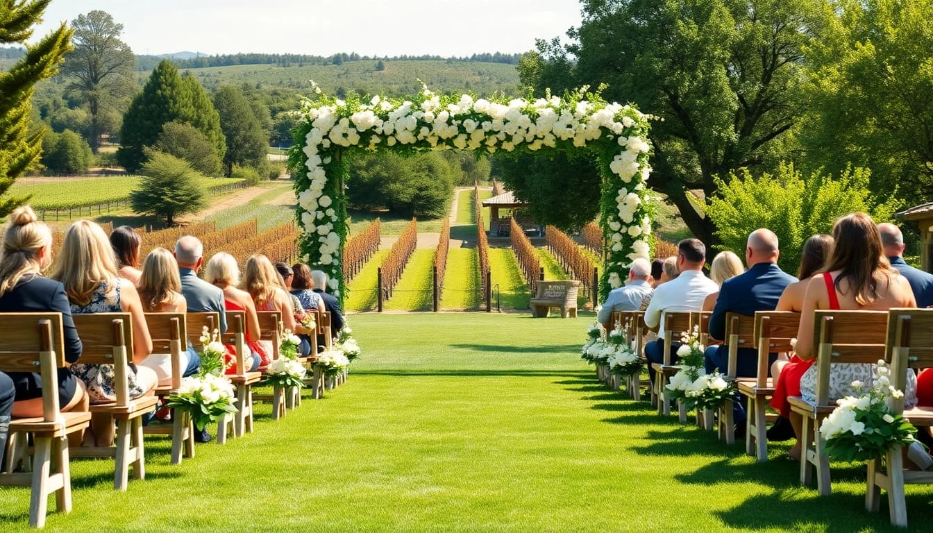 Celebrate Clarksburg ca weddings with a stunning outdoor venue featuring floral decorations and a vineyard backdrop.