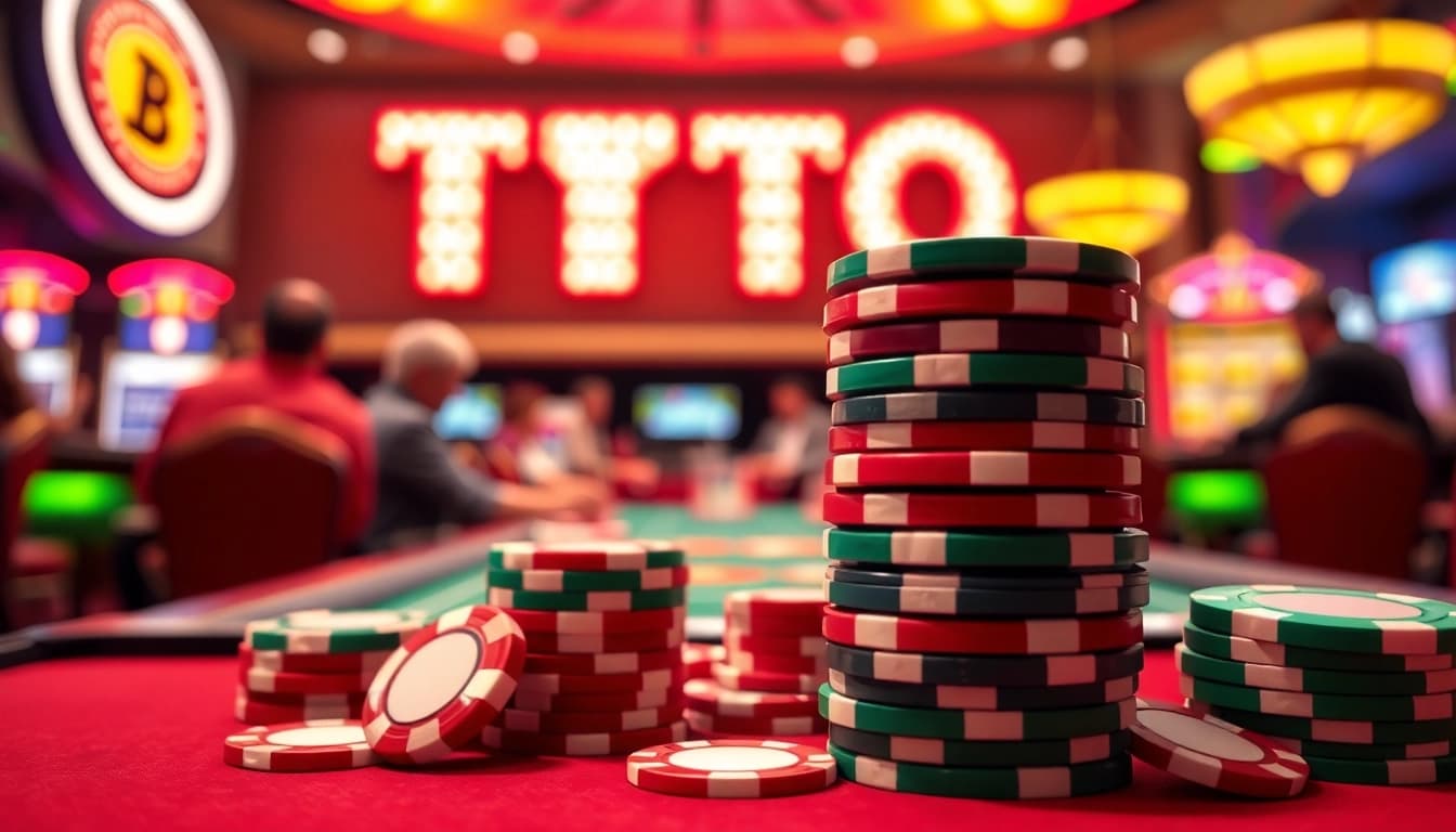 Toto taruhan menarik di kasino dengan chip berwarna-warni dan suasana ceria.