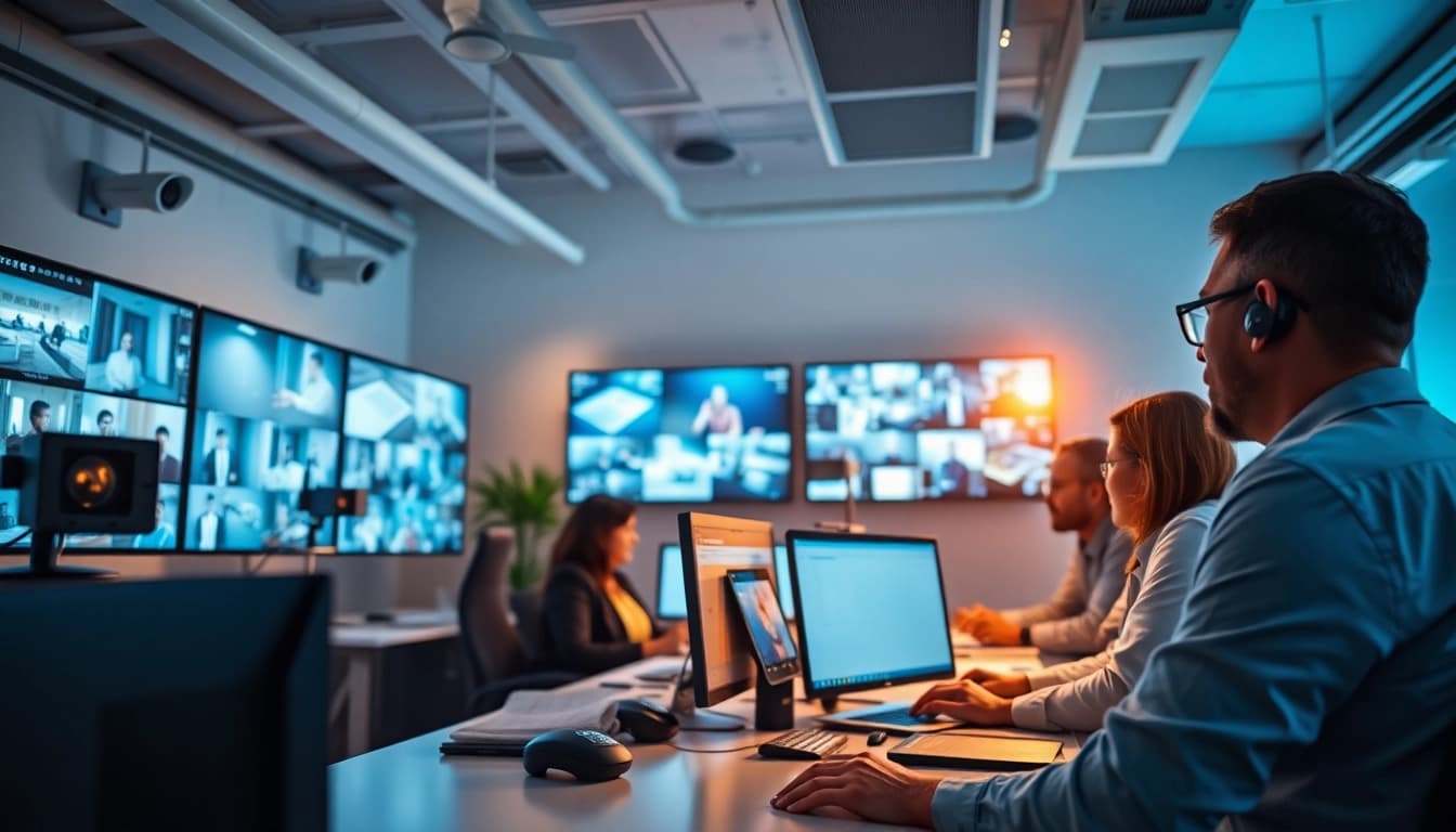 Equipo de seguridad supervisando sistemas de seguridad avanzados en una oficina profesional