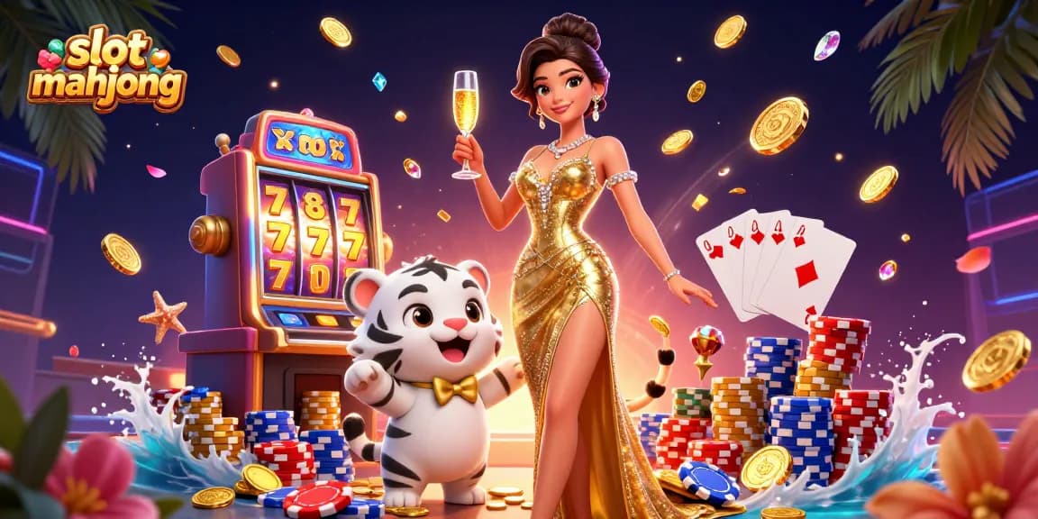 Experience the excitement of slot mahjong with a glamorous scene of winning characters and casino elements.