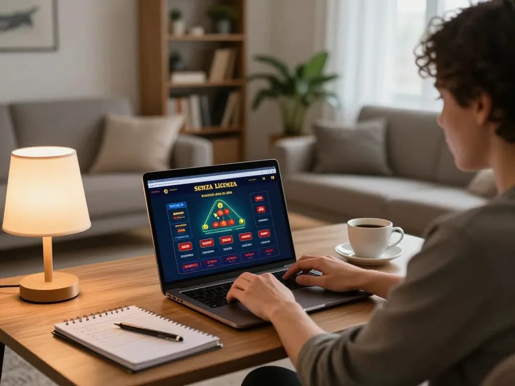 Engaged player exploring options in online casino senza licenza adm from a cozy living room setup with gambling strategy notes.
