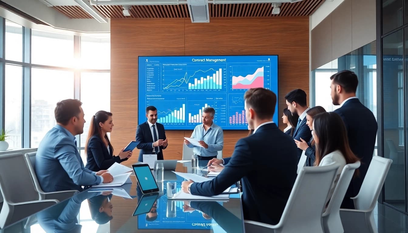 Team collaborating in Contract Management strategy with documents and charts in a modern office.