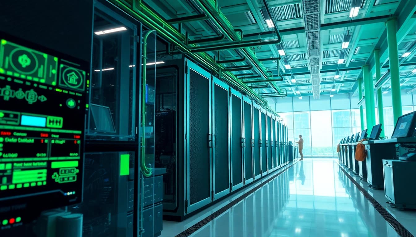 Cloud mining site illustrating advanced technology and renewable energy in a high-tech facility.