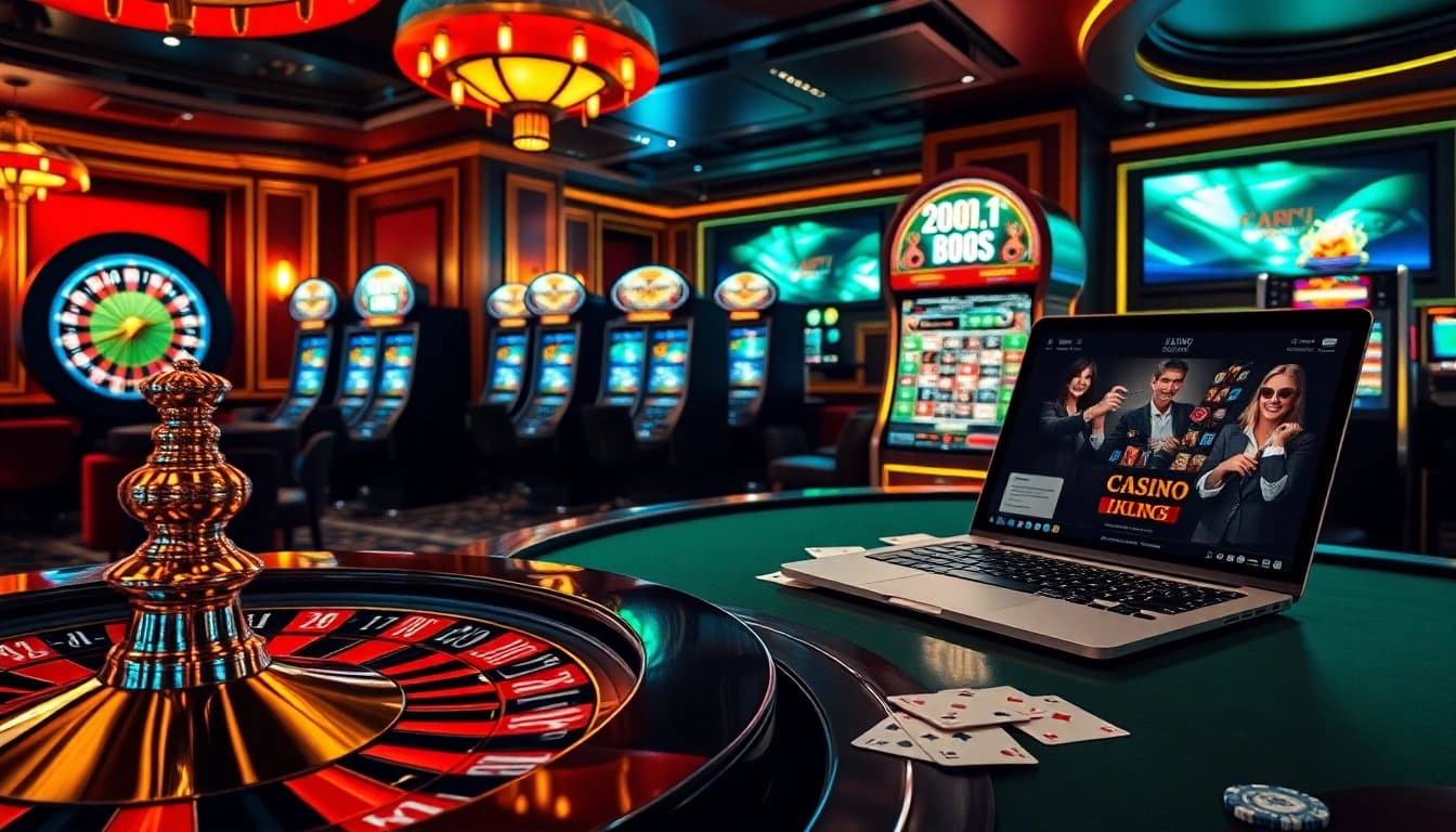 Découvrez le luxe dans un cadre vibrant de casino en ligne Français avec des jetons de poker et une roue de roulette.