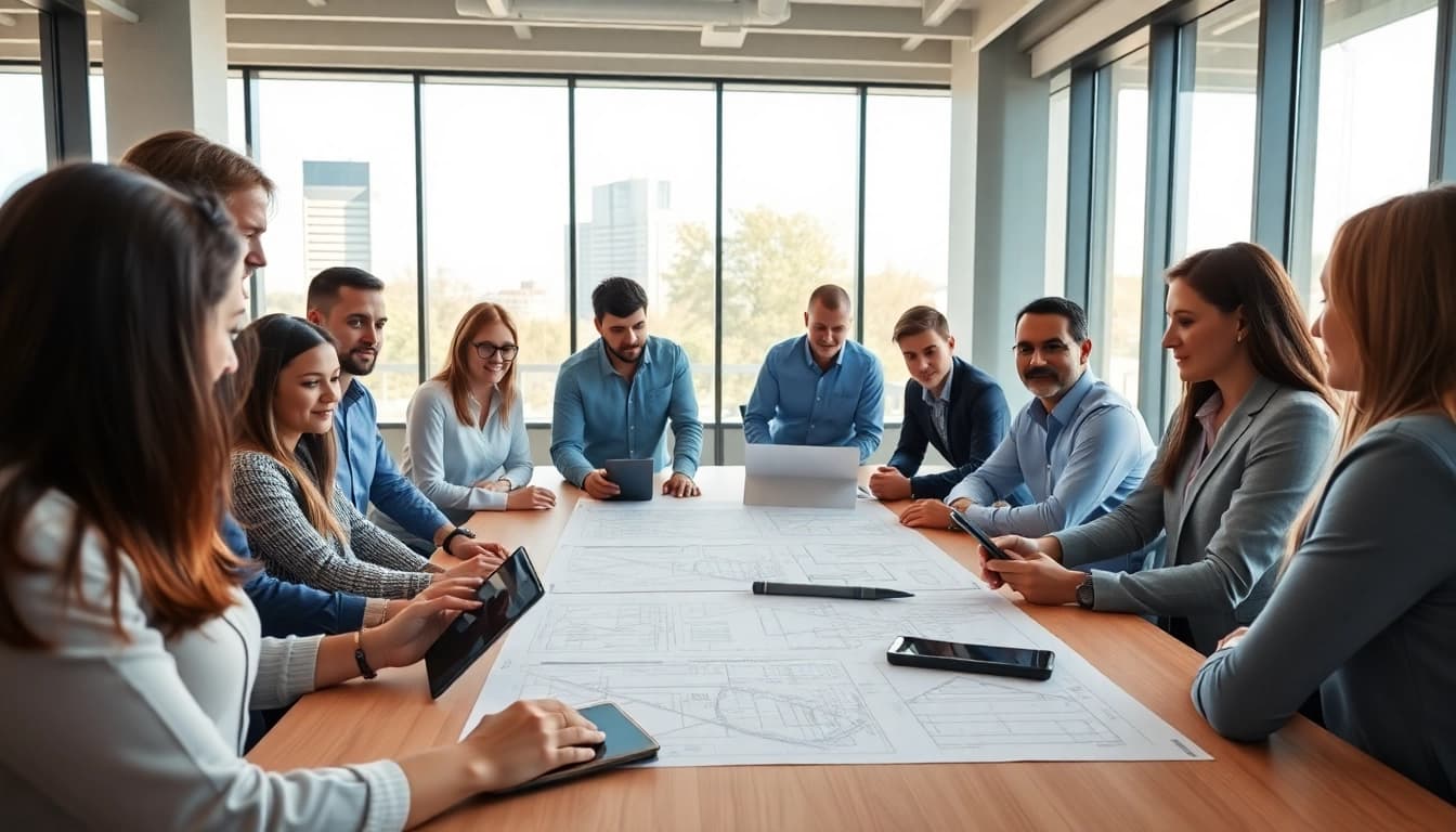 Engaged construction member organization strategizing over blueprints in a modern conference room.