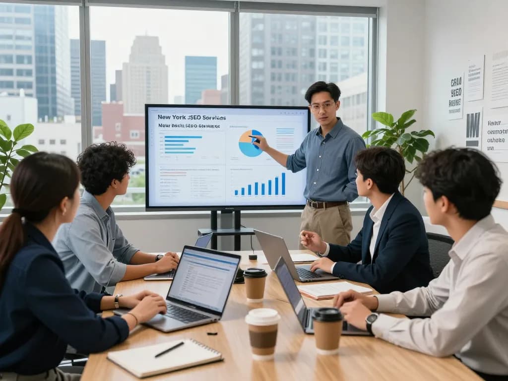 Team collaborating on New York SEO Services strategy in a modern office.