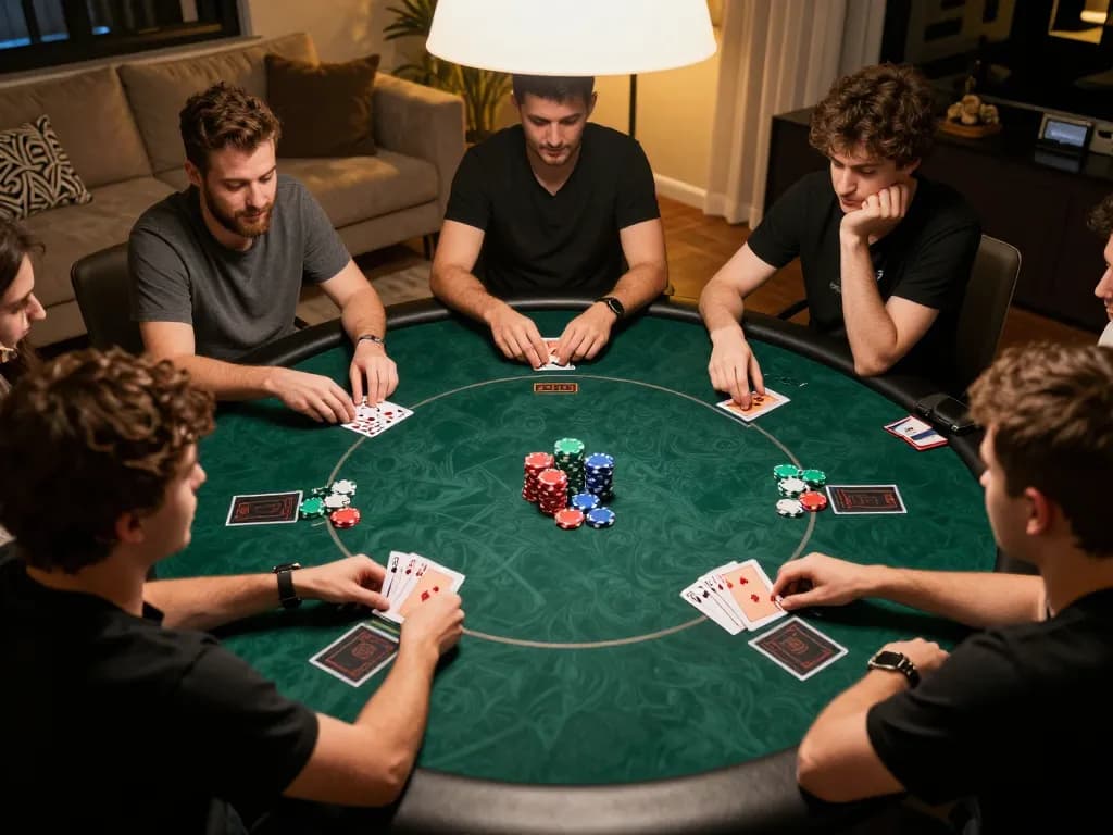 Engaging scene of friends playing casino online americani poker game, enhancing strategy and camaraderie.