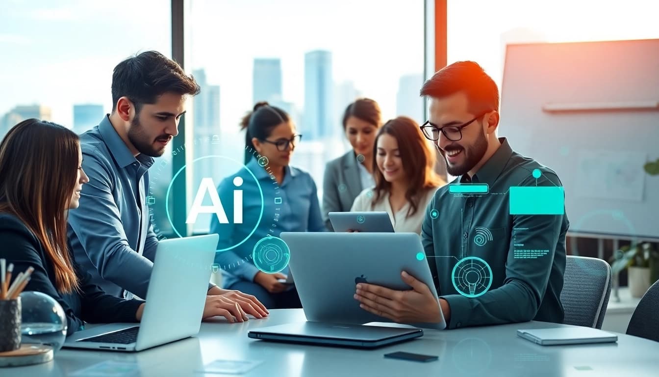 Engaging visual of an AI assistant for enterprise enhancing teamwork in a modern office.