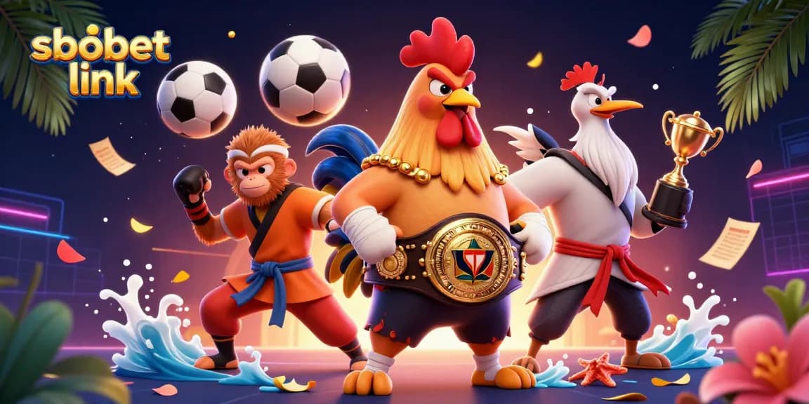 Engage with sbobet link betting on sports with a dynamic 3D illustration featuring a Muay Thai rooster and martial artists.