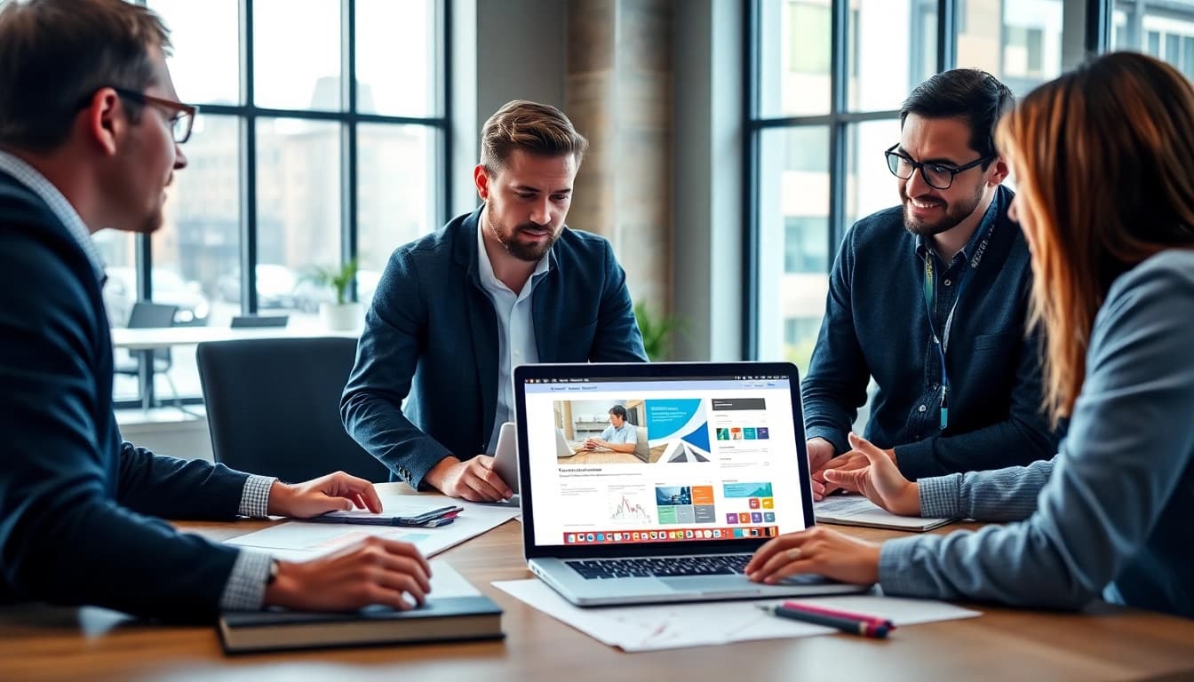 Showcasing edmonton web design collaboration between a designer and clients in a modern office.