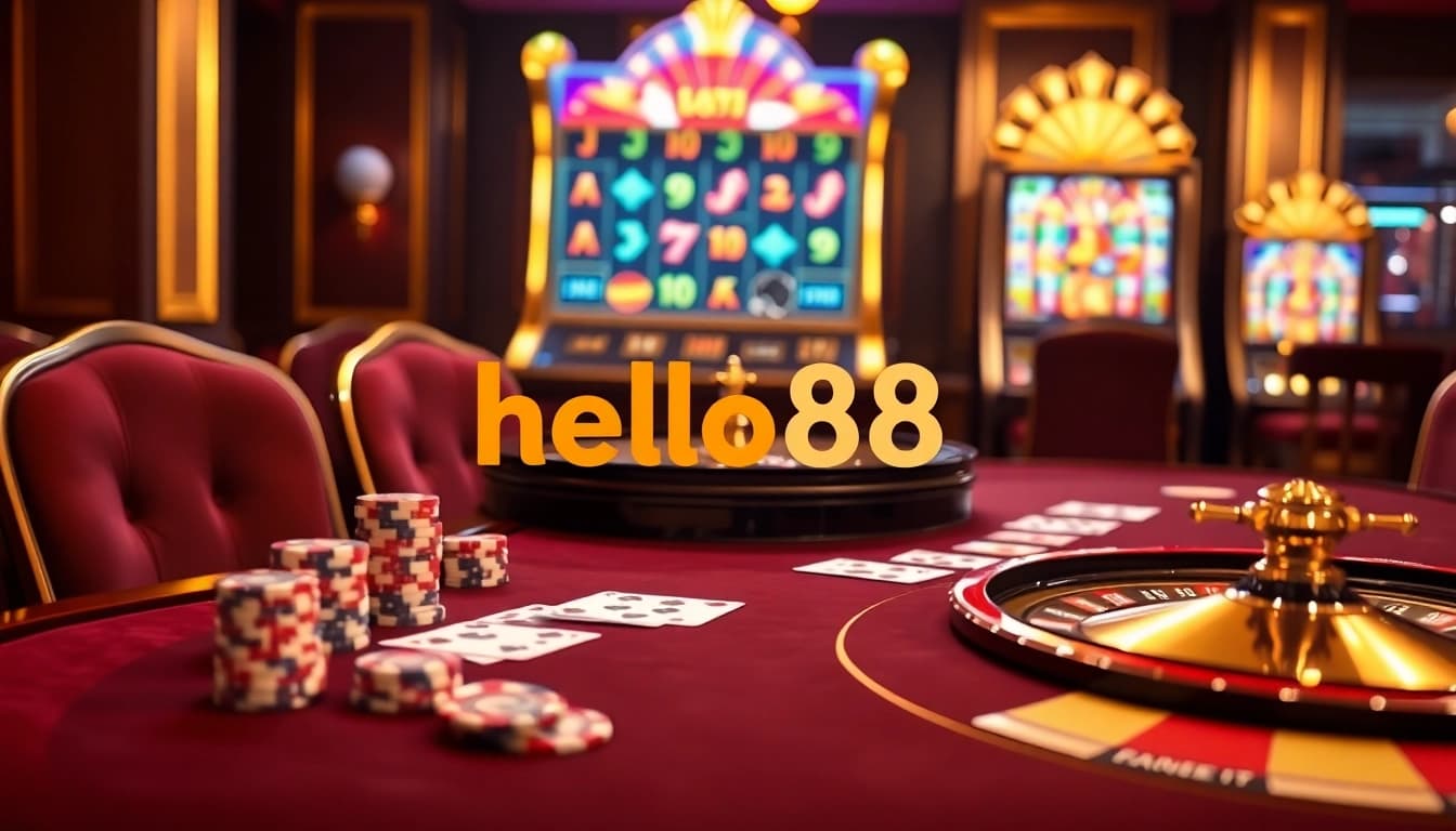 hello88 casino action with poker chips and roulette wheel in a luxurious setting