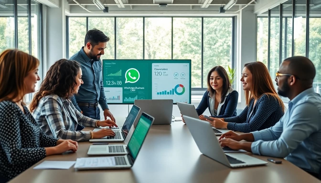 Team collaborating using WhatsApp Business CRM tools to enhance customer engagement.