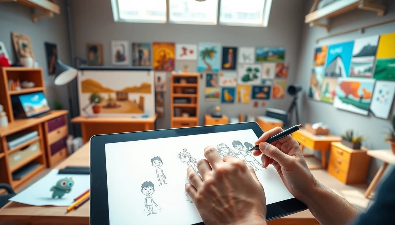 Gestalten von 2D Animation im kreativen Arbeitsbereich mit charakteristischen Skizzen.