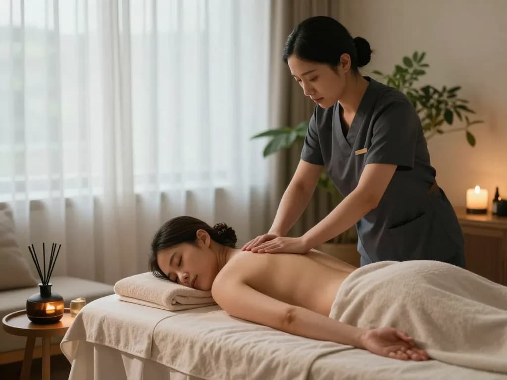 전문 출장안마 치료사가 평화로운 가정 환경에서 부드러운 마사지를 제공하고 있습니다.
