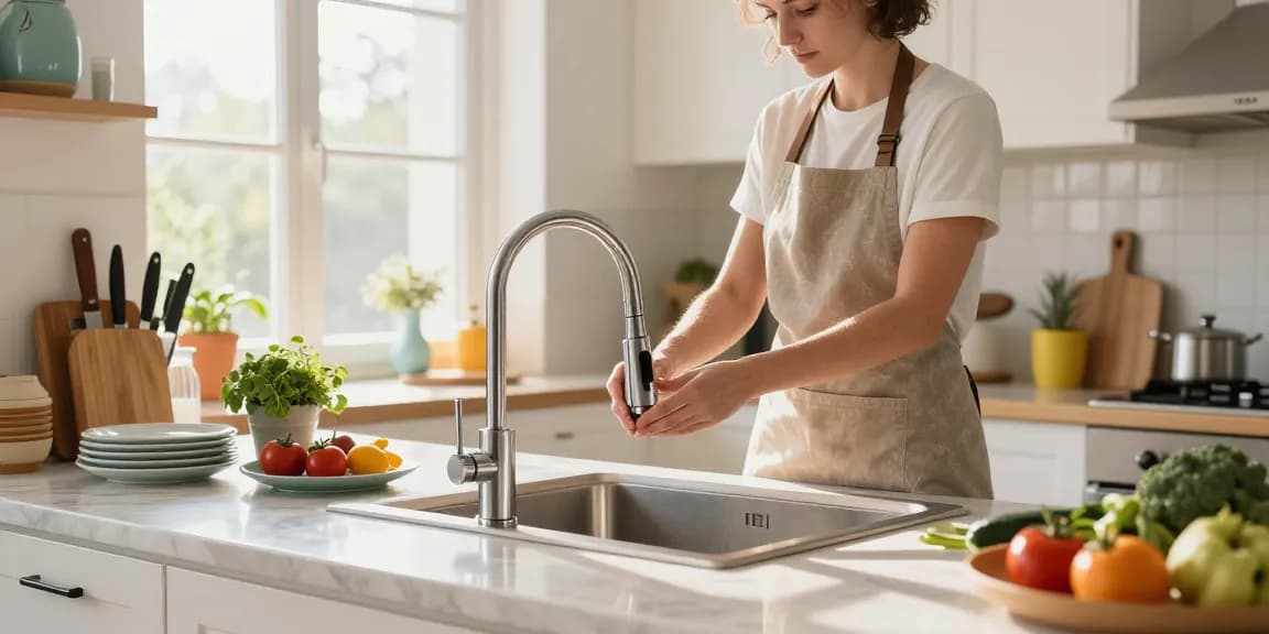 Modern kitchen faucets showcased as a cook installs a pull-down fixture.