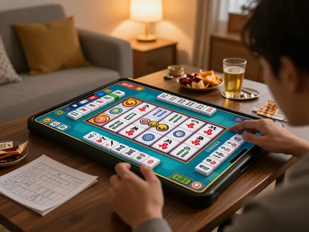 Engaging gameplay on Mahjong slot with vibrant tiles and a smartphone in hand, showcasing the online gaming experience