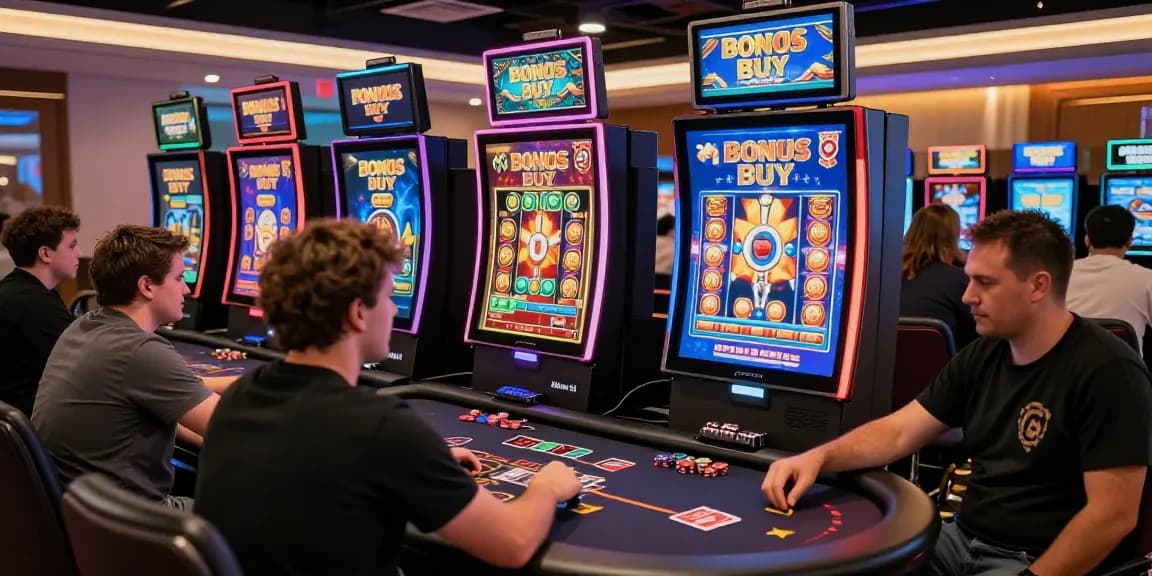 Engaged players enjoying Bonus Buy slots at an online casino, showcasing excitement and interaction. Visit https://aboutderbyshire.co.uk for top casinos.