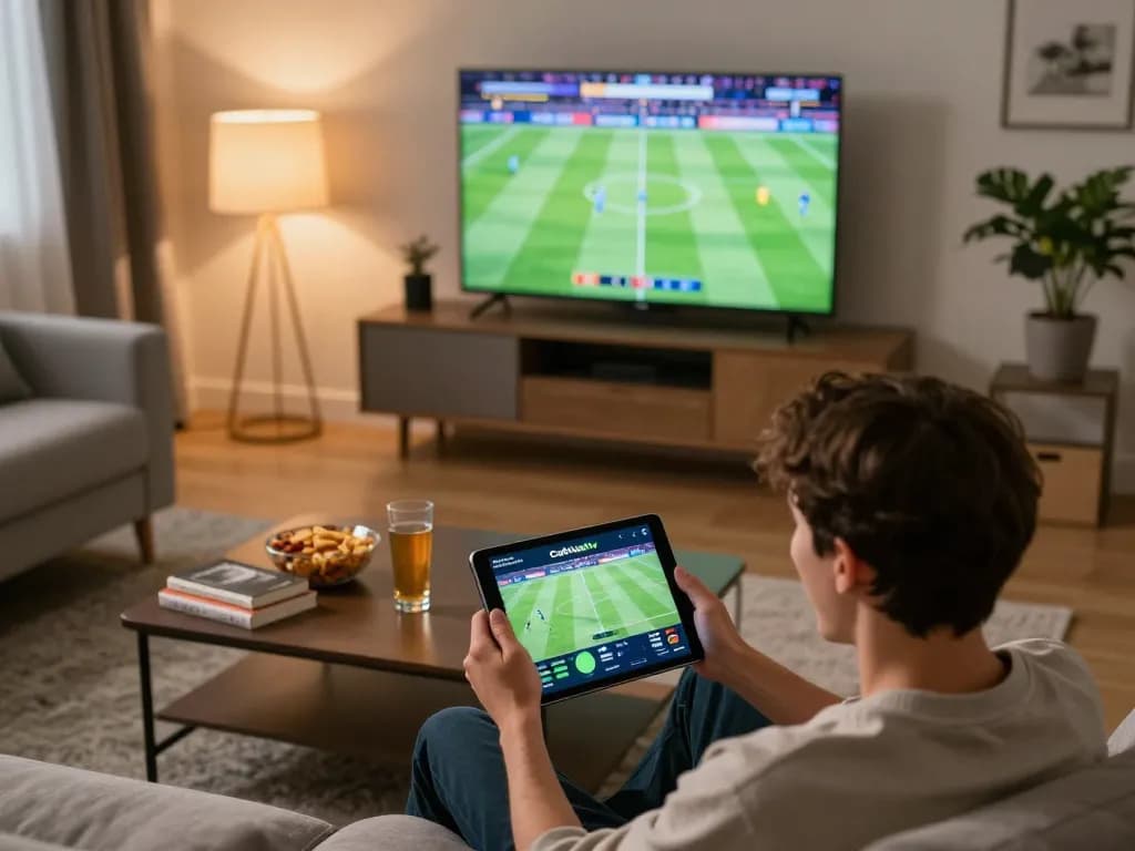 Cakhiatv user placing bets on a tablet during an exciting live football match.