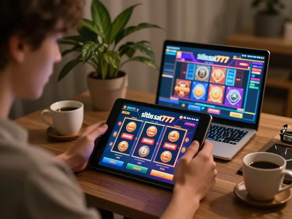 Player enjoying situs slot777 on tablet at home, showcasing an engaging online casino experience.
