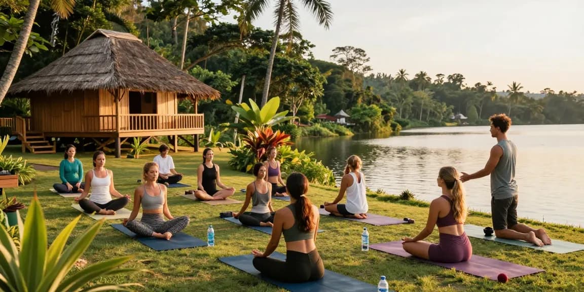 Group yoga practice at the best yoga school Sri Lanka by serene Koggala Lake, emphasizing community and tranquility.