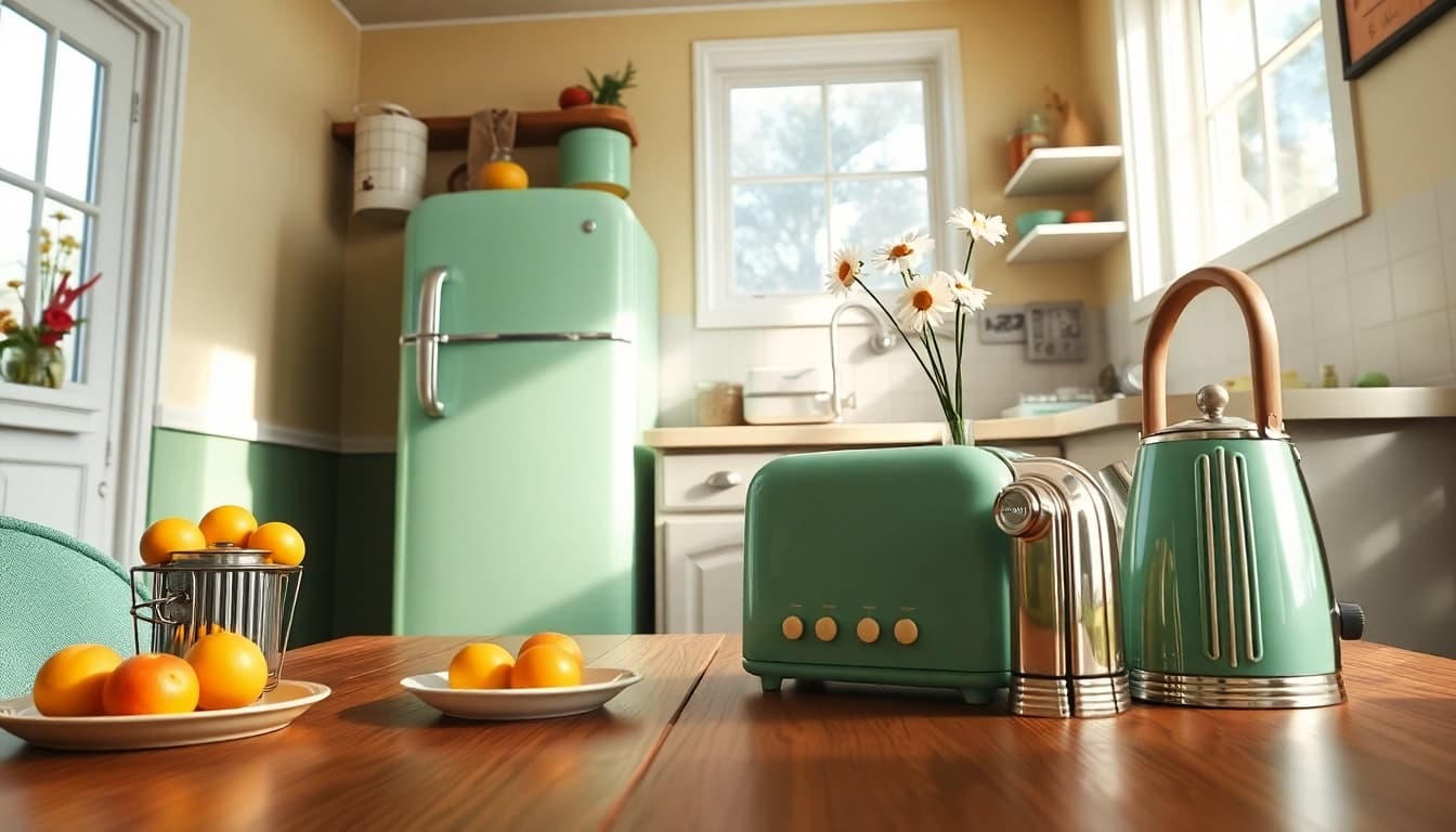 Showcasing a retro appliance kitchen with a vintage refrigerator and colorful decor.