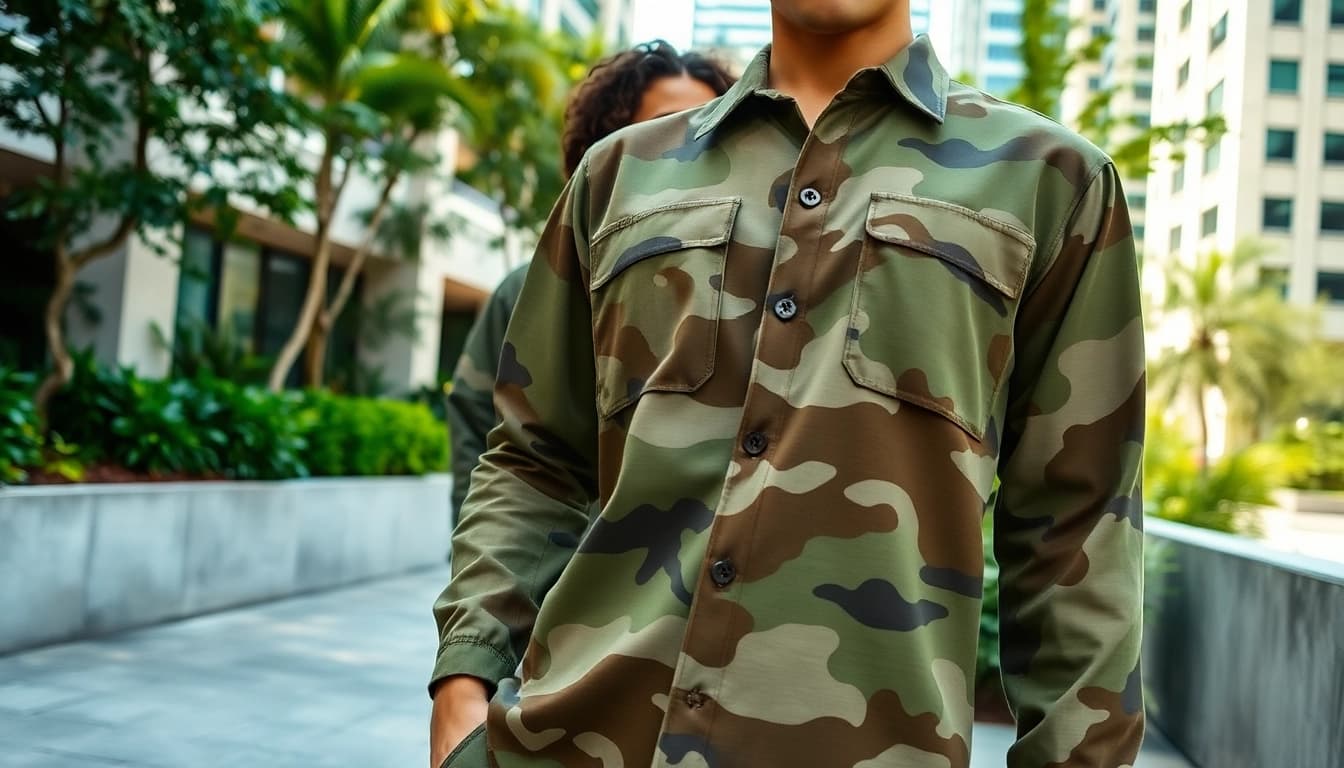 Model in katoen met legerprint; army print outifit stands confidently outdoors.