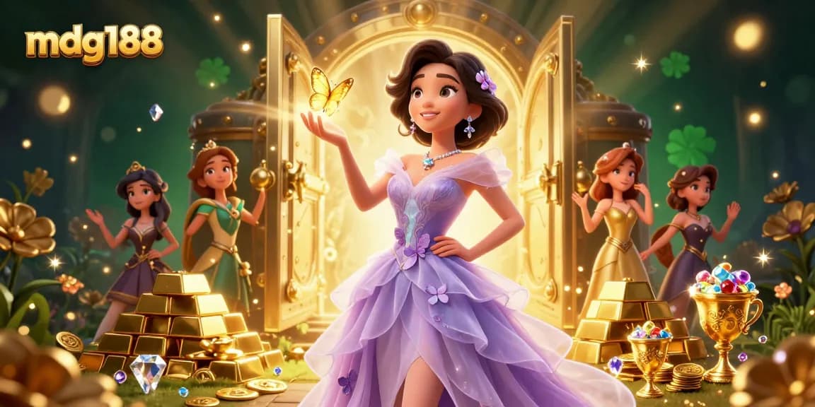 Experience winning with mdg188's captivating online gaming in a magical treasure-filled scene.